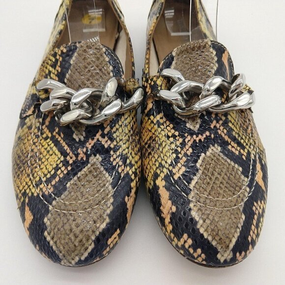 Donald Pliner Yellow Snakeskine Loafers Size 7 Flats Driving Moccasins Chain - Picture 2 of 9